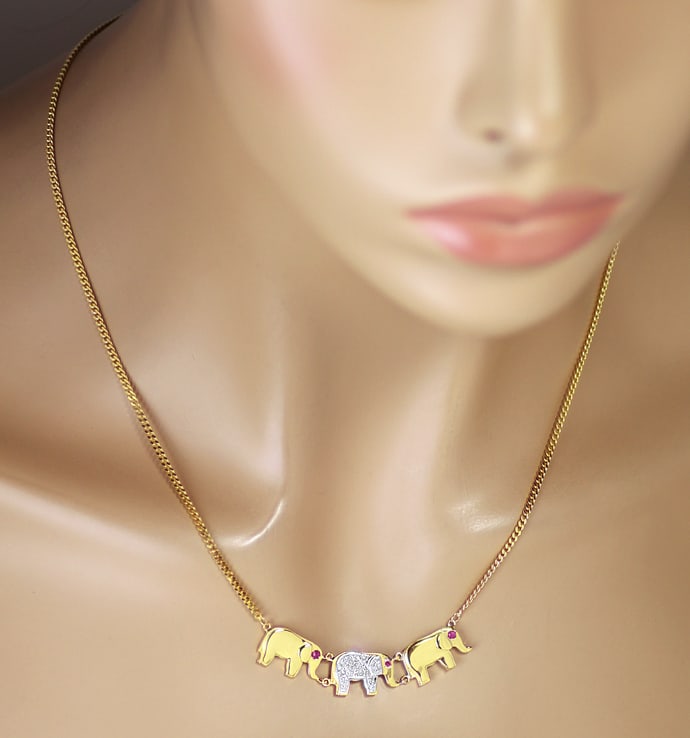 Foto 4 - Collier drei Elefanten-Diamanten und Rubine in 14K Gold, S2539